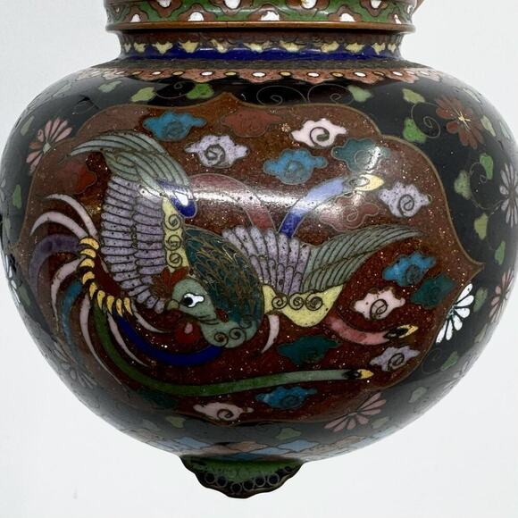 Antique Japanese Cloisonné Enamel Tripod Vessel with Lid - Picture 7 of 10